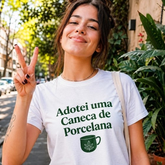Pessoa usando camiseta com mensagem sobre caneca de porcelana
