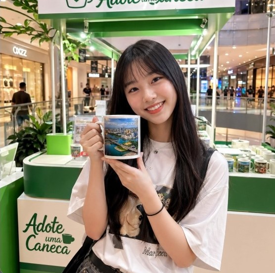 Cliente sorrindo e segurando uma caneca personalizada em um estande